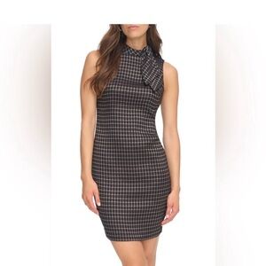 Calvin Klein Black and Silver Tie-Neck Patterned Mini Dress Perfect for Holidays